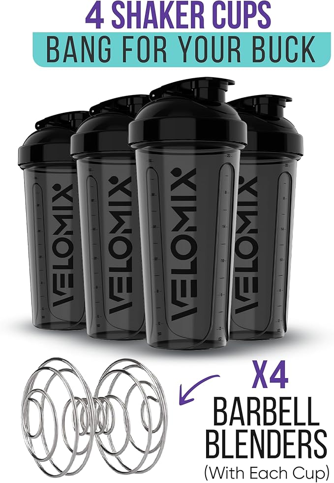 '-4 PACK- 28 oz Protein Shaker Bottle for Protein Mixes - 4x Wire Whisk | Leak Proof Shaker Cups for Protein Shakes | Protein Shaker Bottle Pack | Protein Shake Cup(All in Black)