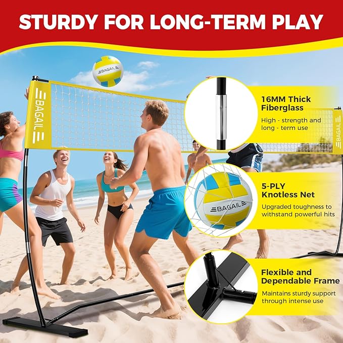 BAGAIL Volleyball Net, 12ft/20ft Portable Volleyball Net for Backyard - Adjustable Height, Heavy-Duty Frame, Freestanding Design - Portable Outdoor/Indoor Volleyball Set with Carry Bag