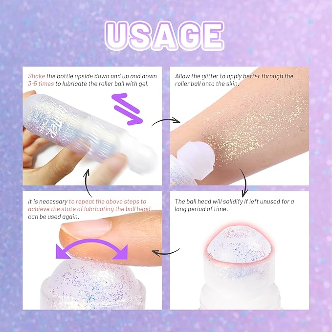 DAGEDA 2Colors Roll-on Body Glitter Gel for Body, Hair, Face, Holographic Glitter Makeup for Rave Accessories, Body Shimmer Hair Glitter Gel for Halloween Makeup(Dazzle + Sprakling Pink)