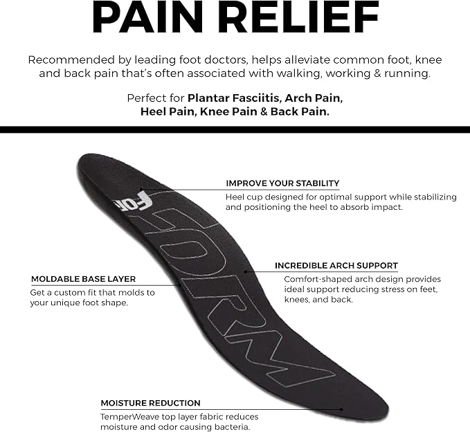 Ultra-Thin Plantar Fasciitis Insoles Designed for Comfort & Maximum Pain Relief, Ideal for Dress Shoes & Boots | Black (Men's 7 – 7.5, Women's 8.5 – 9)
