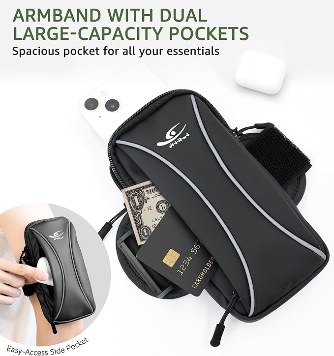 HiRui Arm Bag & Wrist Bag Phone Holder, Sports Running Armband for Gym, Cycling & Workout, Compatible with iPhone 16/15/14 Series, Samsung Galaxy & More, Reflective, Adjustable, Secure Fit (Black)