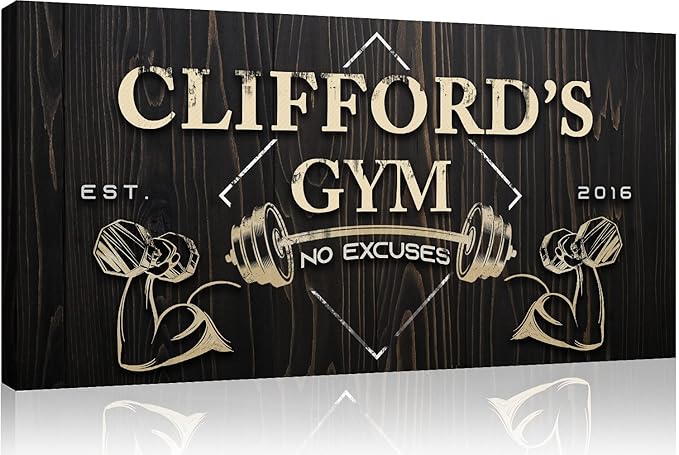 Tailored Canvases Personalized Gym Sign Wall Art Decor - Motivational Canvas for Home, Workout Room, Garage, Fitness Center - Inspirational Posters With Name on Wooden Background, 48x24in