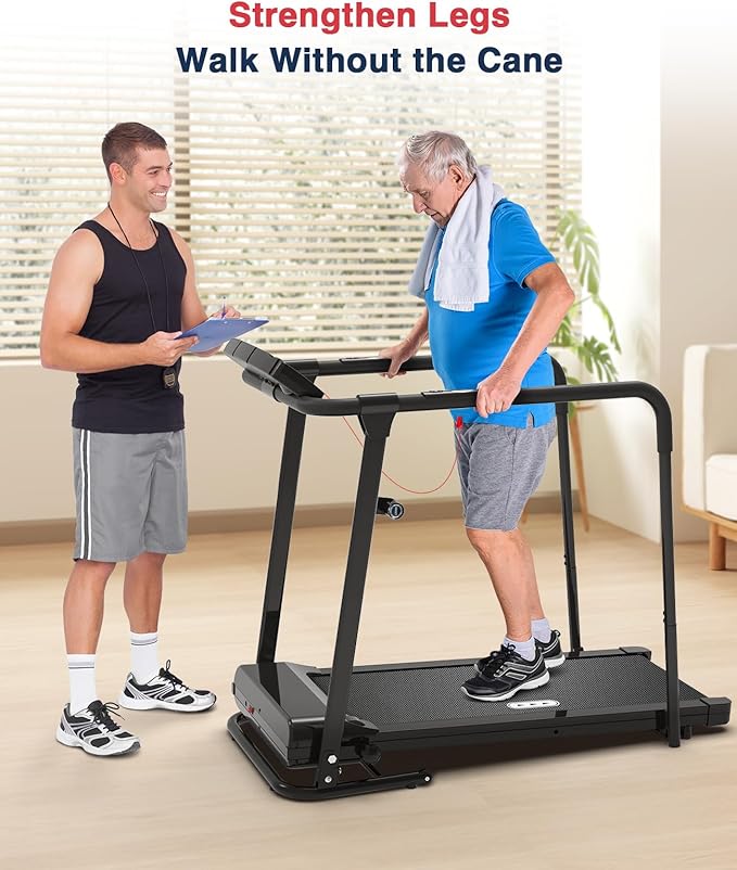 Redliro Treadmill for Seniors with Long Handrails - 300 lbs Capacity Walking Treadmill for Elderly with Cup Holder - Recovery Machine for Home Use with Clear, Non-Scrolling Display (Black)