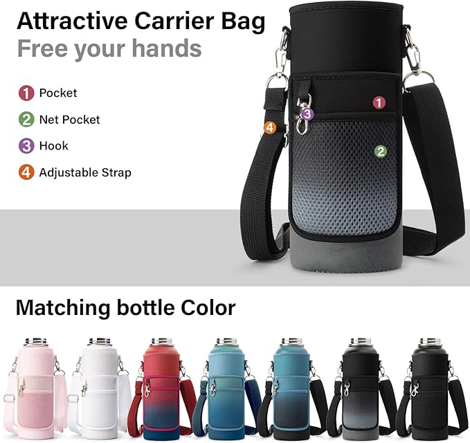 Insulated Water Bottle | Thickened Stainless Steel Vacuum Metal | Portable Sports Water Jug for Gym and Hiking with Straw, Carrier Bag, Handle Strap | BPA-Free 40 oz