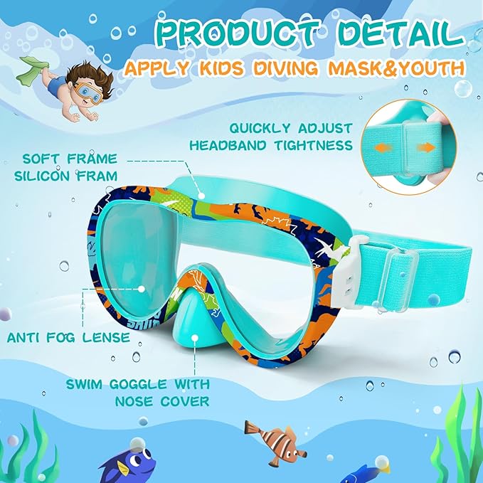 Kids Swim Goggles with Nose Cover, 180° Panoramic Snorkel Mask with Anti-Fog & Anti-Leak Design, Comfort Fabric Strap UV Protection Lens for Boys Girls Ages 3-15