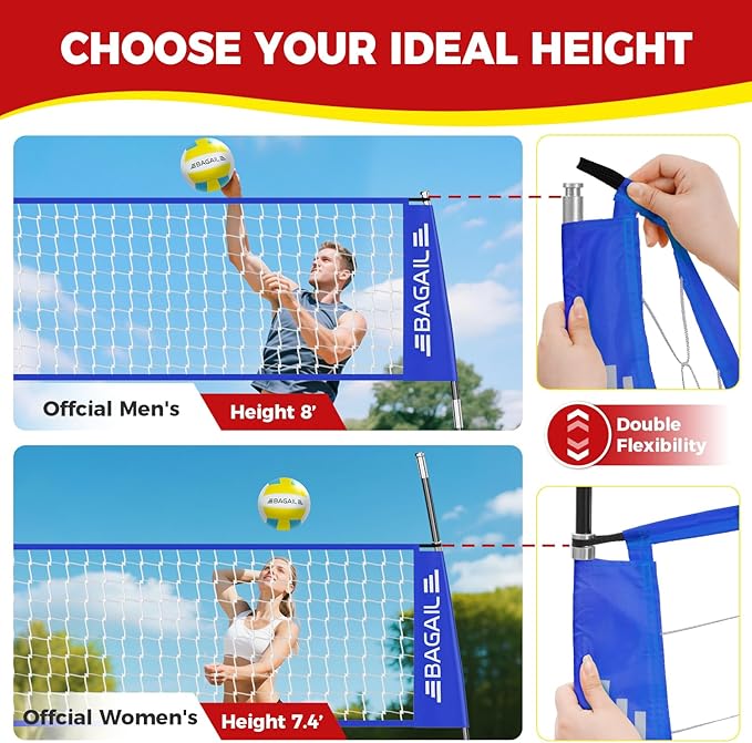 BAGAIL Volleyball Net, 12ft/20ft Portable Volleyball Net for Backyard - Adjustable Height, Heavy-Duty Frame, Freestanding Design - Portable Outdoor/Indoor Volleyball Set with Carry Bag