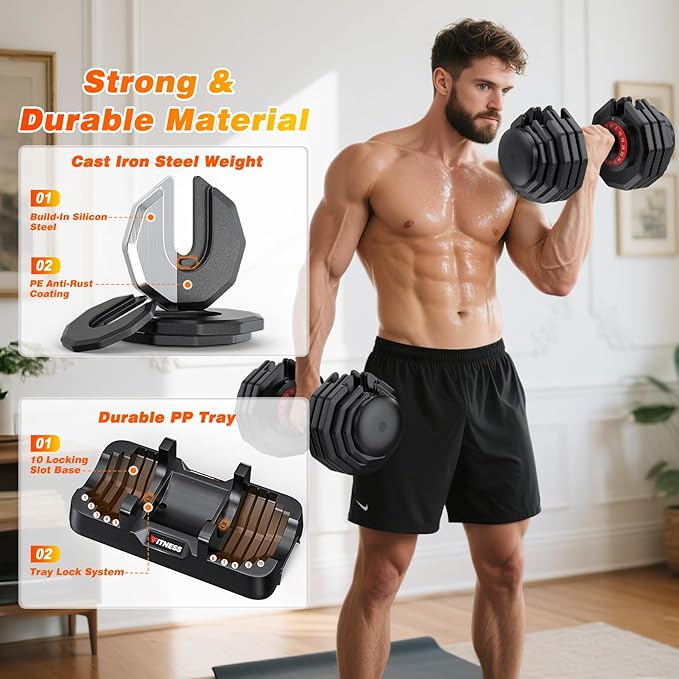 XDDIAS Adjustable Dumbbell Set of 2, 25/55/80LB Dumbbell Set-1Sec Adjustable Weights-5/10 in 1 Free Weights Dumbbells Set with Effortless Tray/No-Slip Handle-Compact Size for Women/Men at Home Gym