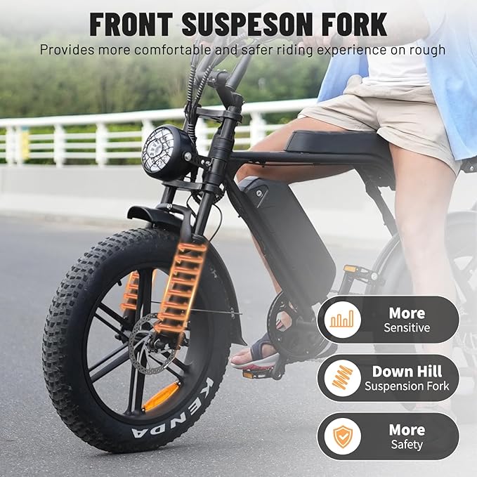 V8 Electric Bike for Adults, 20'' Fat Tire E Bike with Powerful Motor 48V 15Ah Removable Battery, 7-Speed Gears, 2 Seater E-Bike, Ebike Moped Style for Mountains, Snow, Sand, Road