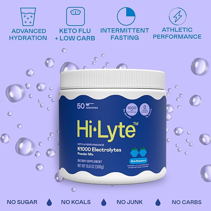Hi-Lyte Keto & Performance - K1000 Electrolyte Powder Mix - Blue Raspberry - 1000mg Potassium + Magnesium, Calcium, Trace Minerals - Keto Drink for Cramp Support, Fasting, Recovery - No Sugar/Carbs