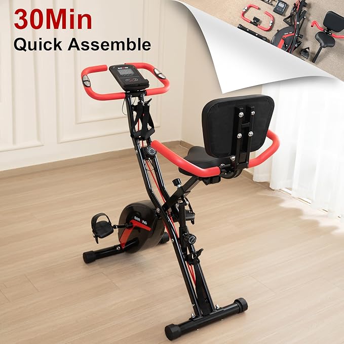 BARWING Stationary Exercise Bike for Home Workout, 5 IN 1 Foldable Indoor Cycling Bike for Seniors, 350LB Capacity, 16-Level Magnetic Resistance, Seat Backrest Adjustments