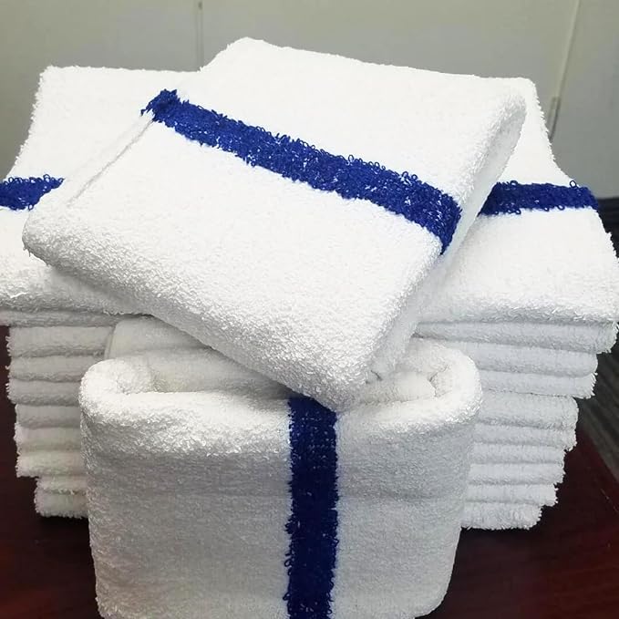 Towels N More 24x48 Soft Poolside Towels - 48 Large Super Absorbent Pool Towel White and Blue Center Stripe - Ideal for Home, Pool, Spa, Gym, Hotel, Motel Rental Room Use - 100% Cotton Bath Towels