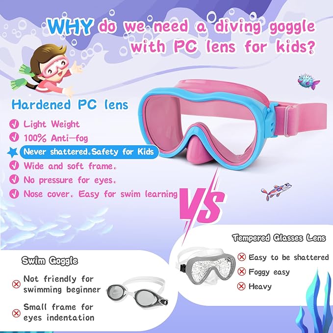 Kids Swim Goggles with Nose Cover, Anti-Leak Swim Mask with Elastic Fabric Strap, UV Protection Swimming Goggles for Kids