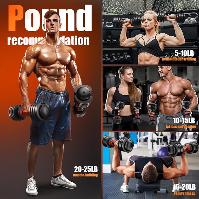 VEICK 25/55 lbs Adjustable Dumbbell with Anti-Slip Turning Handle, Fast Adjust Weight for Men Women, Exercise Equipment with Tray for Home Gym Full Body Workout Fitness