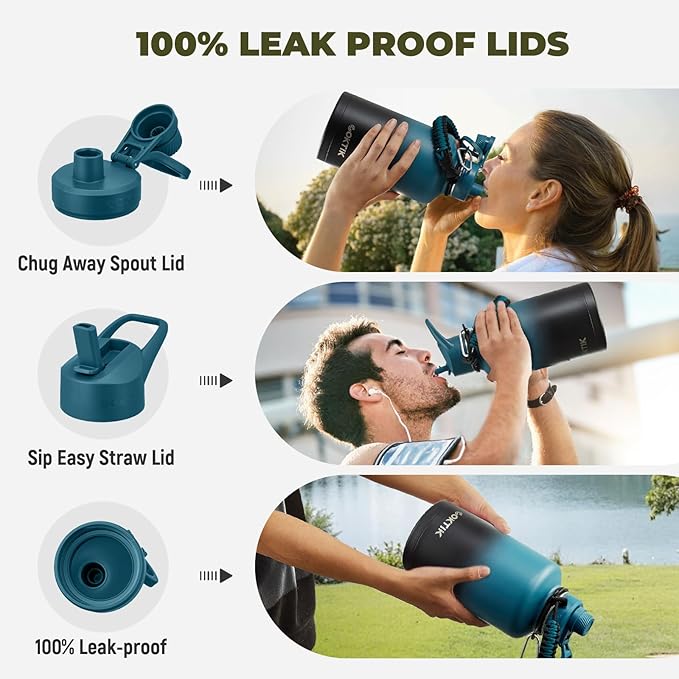 Half Gallon Insulated Water Bottle, 64 oz Triple Wall Stainless Steel Flask, Keeps Drinks Cold for 48 Hrs Leak-Proof & BPA-Free Half Gallon Jug with Paracord Handle, Straw & Spout Lids(Indigo Black)