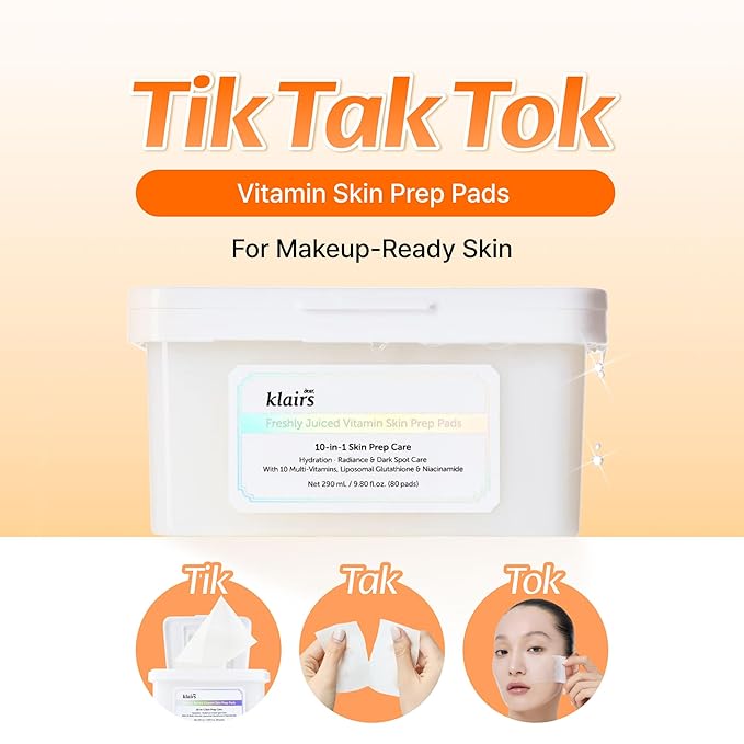 DearKlairs Freshly Juiced Vitamin Toner Pads, Makeup Prep, Liposomal Glutathione, Easy-split, Glow, Glass Skin, Exfoliation, 80 pads