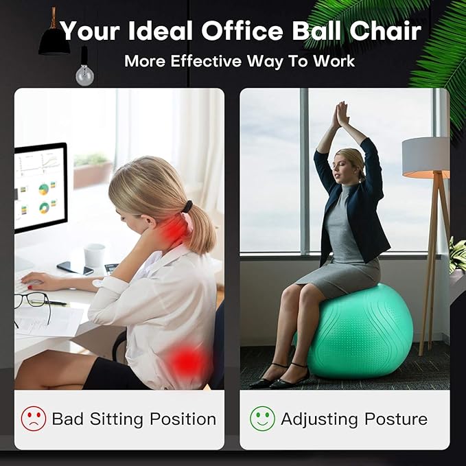 Yoga Ball, 22-30 Inch Extra Thick Exercise Ball for Workout Fitness Balance, Anti Burst Chair for Home and Office Desk, Includes Hand Pump & Workout Guide Access