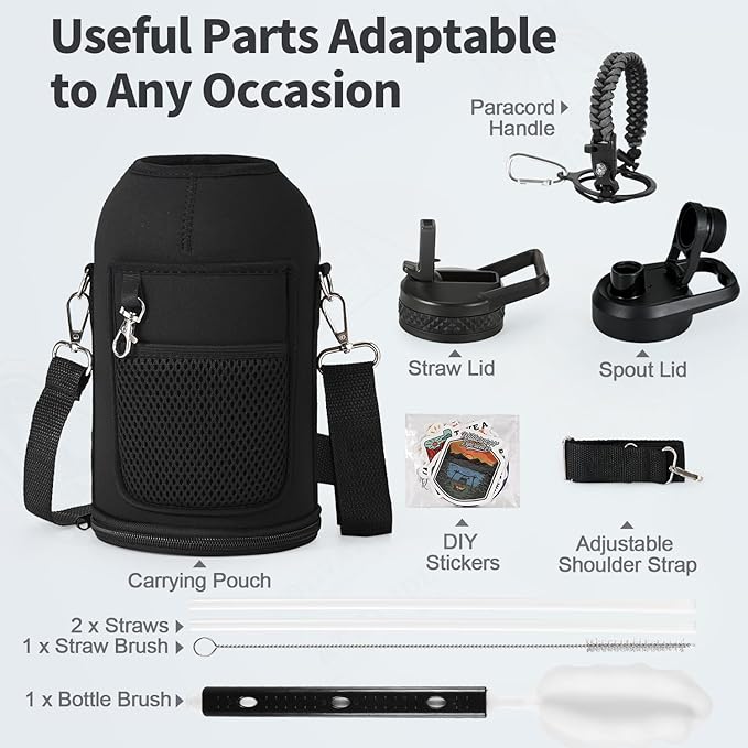 64 oz Insulated Water Bottle with Straw (Cold for 48 Hrs), Half Gallon Stainless Steel Triple Wall Vacuum Sports Water Jug, Leakproof Hydro Cup Flask with Straw Spout Lids & DIY Stickers