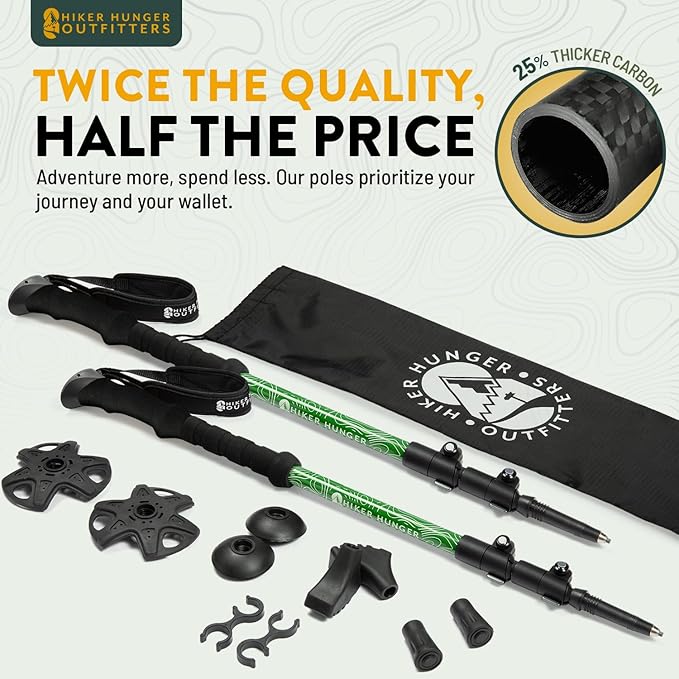 100% Carbon Fiber Trekking Poles by USA Brand - Ultra Strong Lightweight Collapsible Hiking Poles with Cork and EVA Foam Grips & Quick Adjustable Flip Locks