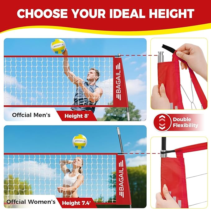 BAGAIL Volleyball Net, 12ft/20ft Portable Volleyball Net for Backyard - Adjustable Height, Heavy-Duty Frame, Freestanding Design - Portable Outdoor/Indoor Volleyball Set with Carry Bag