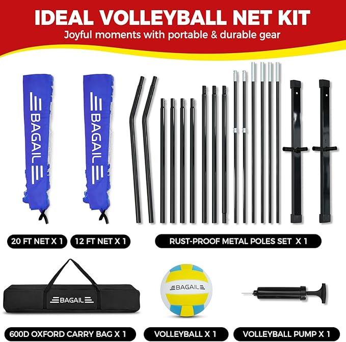 BAGAIL Volleyball Net, 12ft/20ft Portable Volleyball Net for Backyard - Adjustable Height, Heavy-Duty Frame, Freestanding Design - Portable Outdoor/Indoor Volleyball Set with Carry Bag