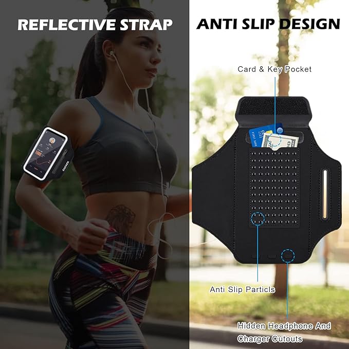 GUZACK Running Phone Holder with Zipper Pouch, Running Armband for iPhone 16/15/14/13/12/11 Pro Max/Plus, Galaxy S25/S24/S23/S22, Cell Phone Arm Holder with Card Slot - Size L (Bigger Arm 14-17 in)