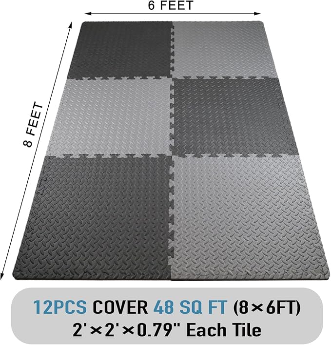 AIRHOP Upgraded 0.79" Extra Thick 48 Sq Ft High-Density Eva Foam Exercise Gym Mats, 12 Pcs Large Interlocking Puzzle Floor Tiles (24"x24") for Home Gym, Black&Gray