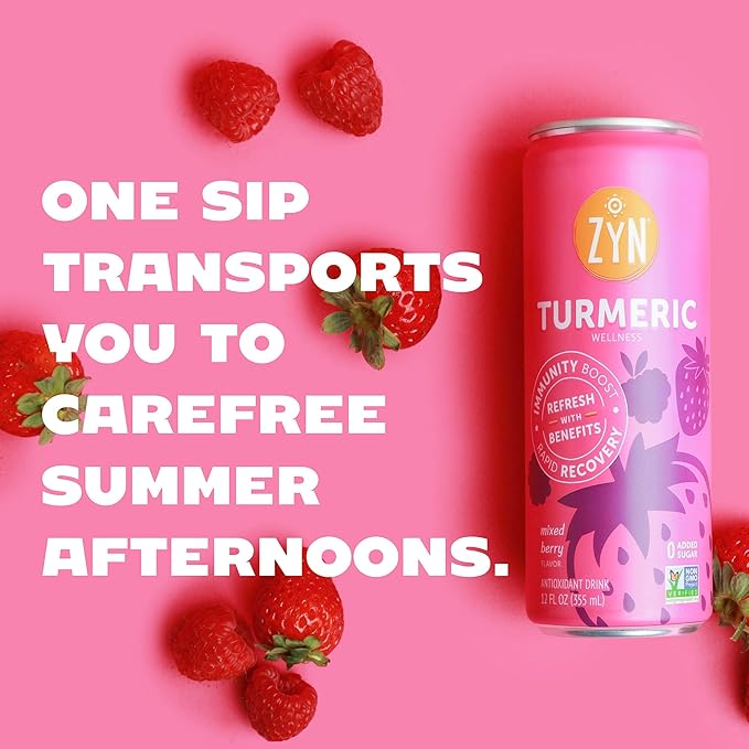 ZYN Turmeric Wellness Drink 6 (Pack), Mixed Berry Flavored Turmeric Curcumin Drink with Black Pepper, No Added Sugar, Low Carb & Low Calorie Drink, Clean Alternative