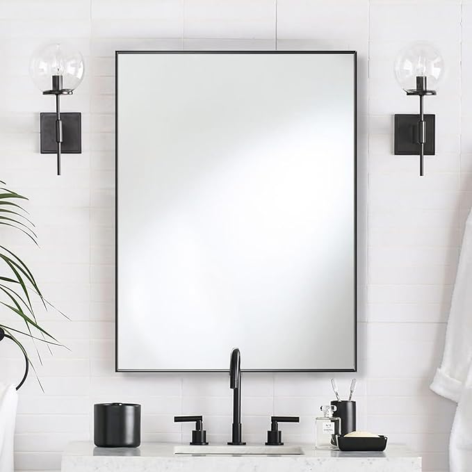 30x40 Inch Black Bathroom Mirror for Wall, Aluminum Frame Rectangle Rectangular Vanity Mirror, Modern Large for Bedroom, Living Room, Horizontal or Vertical