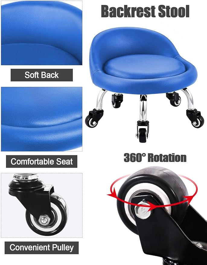 Lanstics Low Roller Seat Stool with Universal Swivel Wheels Leather Rolling Stool Seats with Cushion Backrest 360 Rolling Stools for Home Office Fitness (Blue)