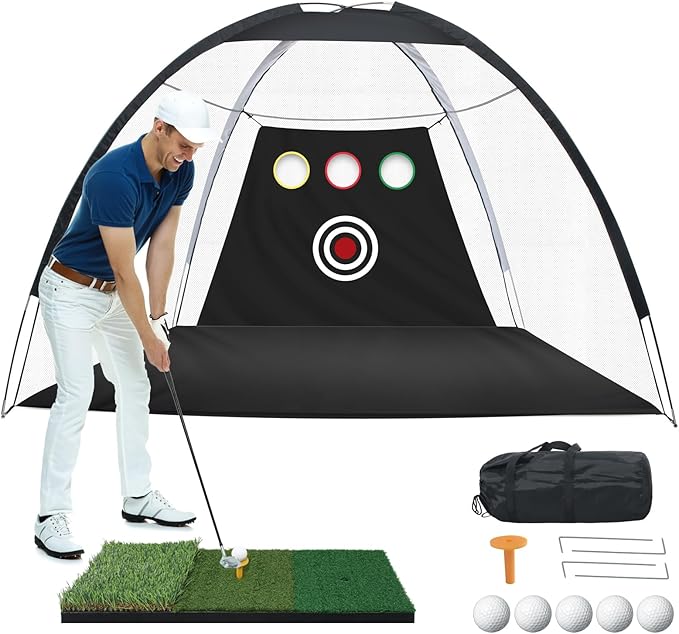10x7FT Golf Practice Net for Backyard Indoor Outdoor Training, Golf Hitting Net with 3-Color Turf Mat, 5 Golf Balls and Tee, Perfect for Driving, Chipping and Swing Practice