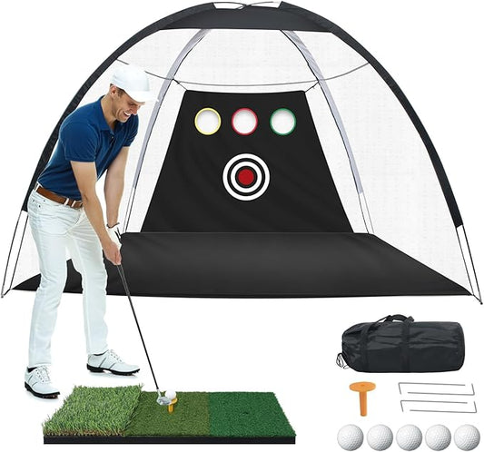 10x7FT Golf Practice Net for Backyard Indoor Outdoor Training, Golf Hitting Net with 3-Color Turf Mat, 5 Golf Balls and Tee, Perfect for Driving, Chipping and Swing Practice