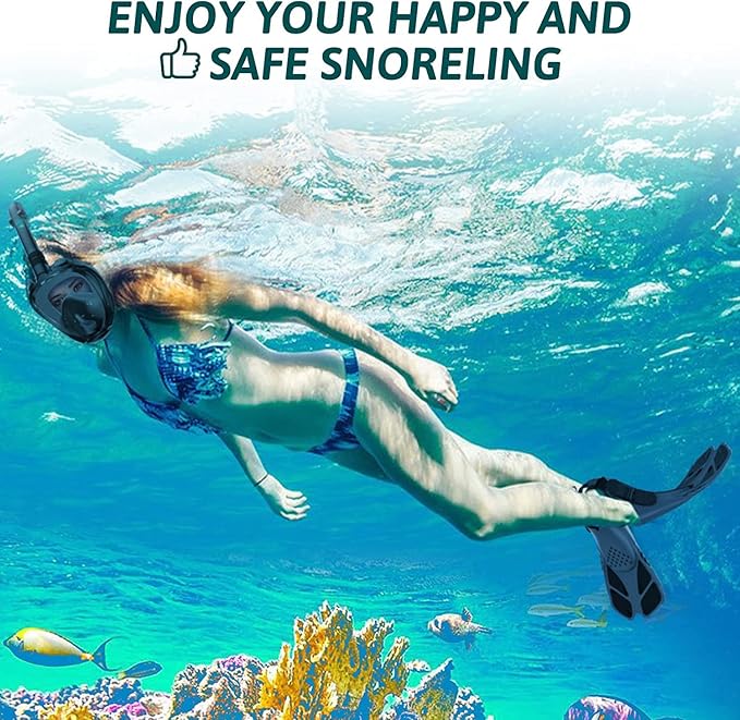 Mask Fins Snorkeling Gear for Adults, Full Face Snorkel Mask & Adjustable Swim Fins Snorkel Set, Panoramic View Snorkel Mask Dry Top Anti-Fog Anti-Leak