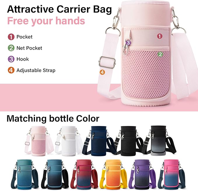 Insulated Water Bottle | Thickened Stainless Steel Vacuum Metal | Portable Sports Water Jug for Gym and Hiking with Straw, Carrier Bag, Handle Strap | BPA-Free 32 oz, Pink