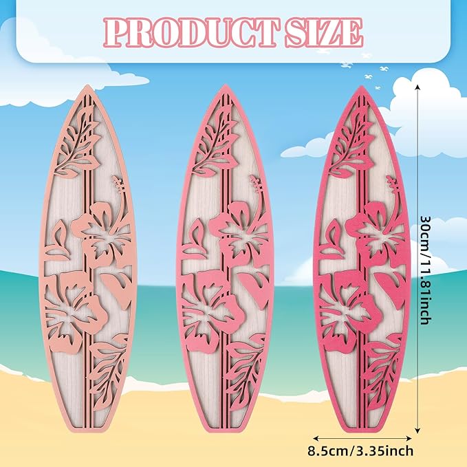 3 Pieces Hibiscus Surfboard Decor for Bedroom Wooden Beach Wall Decor Summer Wood Surfboard Wall Hanging Sign for Tropical Living Room Decoration(Pink)
