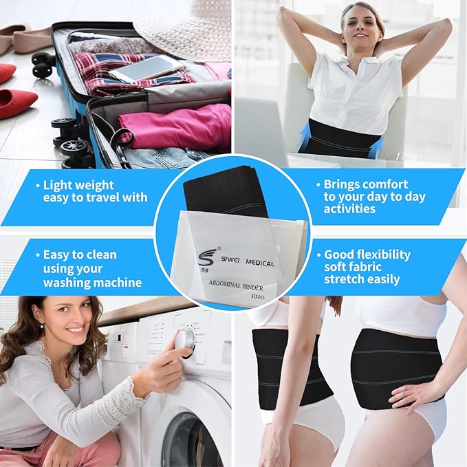 S Abdominal Binder Post Surgery - Elastic Waist Band for Stomach Support & Compression, Bariatric, Tummy Tuck | Latex-free, Breathable Belly Wrap Hernia Belt - (45" - 60") 3 PANEL - 9" BLACK