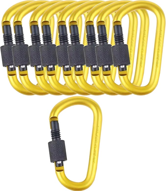 10 Pack Aluminum D Ring Key Rings Hiking Clips Locking Carabiner for Hiking Camping Fishing and Outdoor Use，Clips with Screw Gate Multicolored