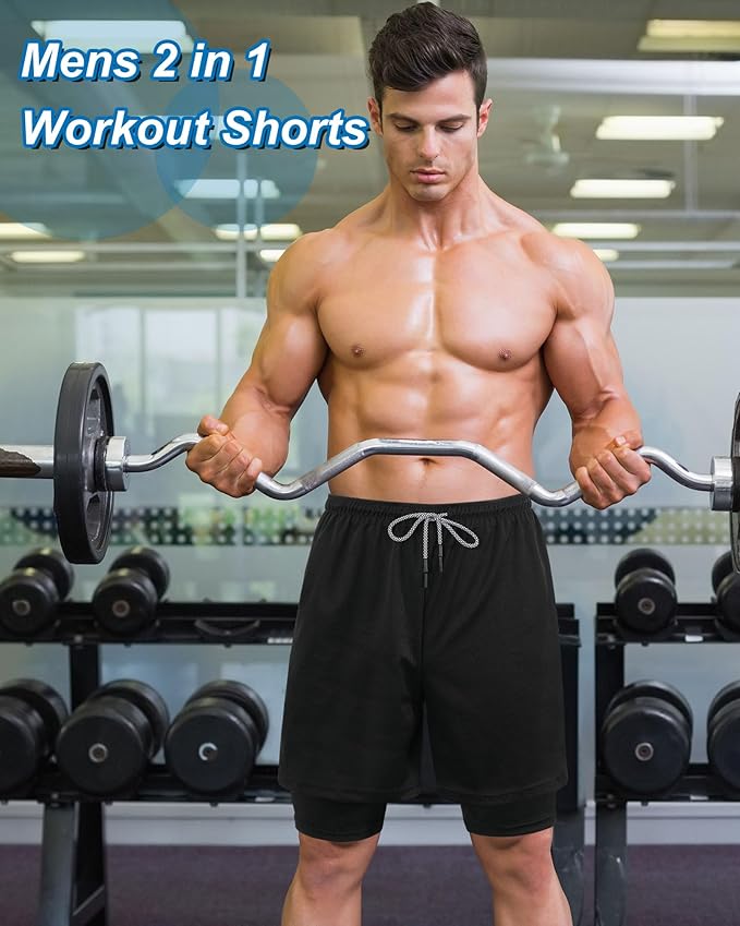 Sureio 3 Pcs Men's 2 in 1 Running Shorts 7 Inch Quick Dry Athletic Workout Shorts with Liner Phone Pockets Towel Loop