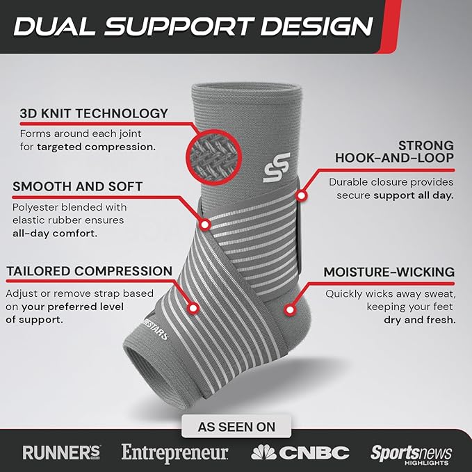 Sleeve Stars Ankle Brace for Women & Men, Ankle Wrap for Sprained Ankle, Compression Sleeve for Plantar Fasciitis Relief, Easy Customizable Support: w/Removable Strap (Single/S:9"-10"/Gray)