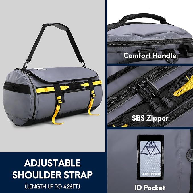 Haimont Large Duffle Bag Backpack for Travel, Men Women Duffel Backpack Bags with Shoes Compartment for Camping, Traveling, Sports, Trip, Water-resistant, 60L Grey