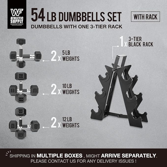 WF Athletic Supply Rubber Encased Hex Dumbbells with Rubber Grip Contoured Handle for Muscle Toning, Strength Building & Full Body Workout