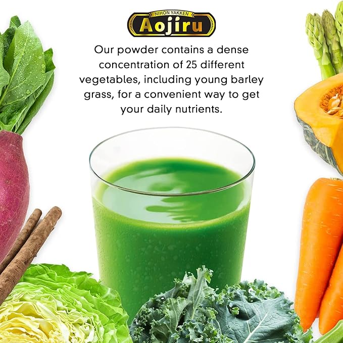 Kin no Aojiru Veggie Blend - 25 Types of Pure Japanese Vegetables Including Young Barley Grass - Ready-to-Use 0.12 oz. (3.5g) Individual Packet × 30pcs - Gluten Free