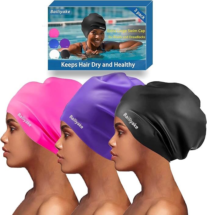 3 Pack Extra Large Swim Cap for Braids & Dreadlocks - Waterproof Silicone Swim Hat for Women with Long Thick Hair, Protective Swim Cap Cover Ears for Swimming, Shower, Bathing