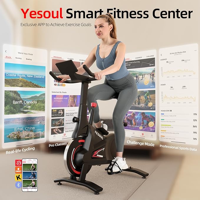 YESOUL Indoor Exercise Bike for Home, Stationary Bike with Silent Magnetic Resistance, 300lbs Capacity, Stable Triangle Frame, Adjustable Resistance & Smart App with Scenic Rides and Live Classes