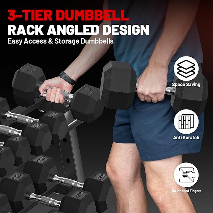 PAPABABE Hex Dumbbell Set with Rack, Rubber Encased Free Weight with Weight Storage Racks, Multiple Weight Options for Home Gym and Fitness