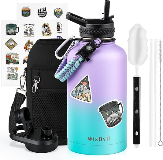 64 oz Insulated Water Bottle with Straw (Cold for 48 Hrs), Half Gallon Stainless Steel Triple Wall Vacuum Sports Water Jug, Leakproof Hydro Cup Flask with Straw Spout Lids & DIY Stickers