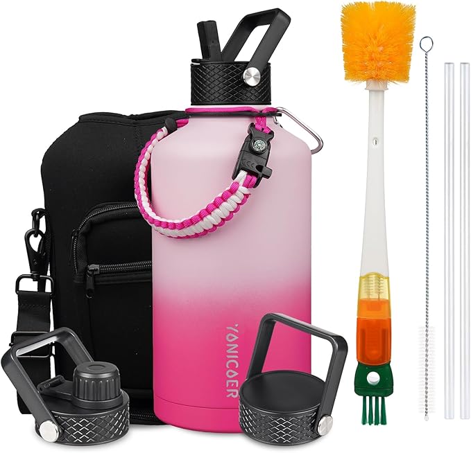 Insulated Water Bottle 64oz,Triple Wall Vacuum Stainless Steel(Dishwasher Safe),Leak Proof & Non-BPA,Flask Jug with Paracord Handle & Straw Spout Lids Sports