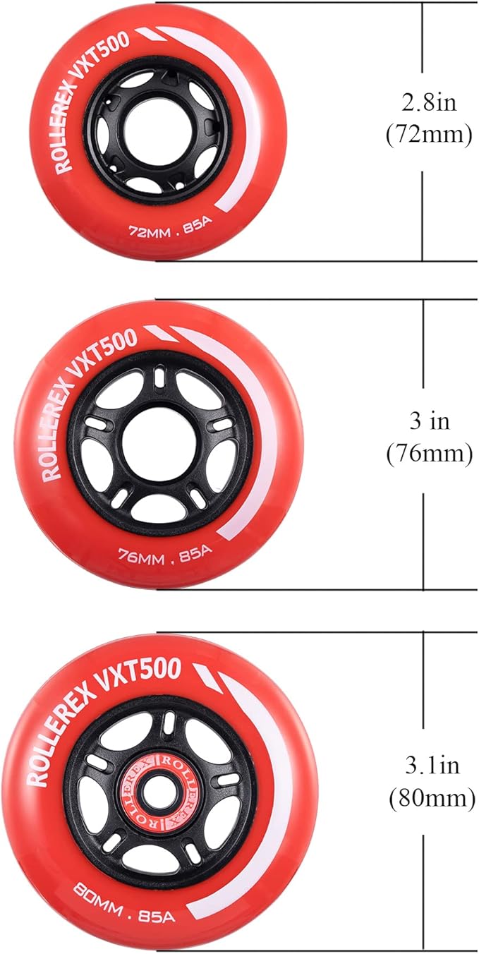 Rollerex VXT500 Inline Skate Wheels (8 Wheels w/Bearings, spacers and washers) (Various Size & Color Options Available) - for Indoor, Outdoor, Hockey - Intended for Roller Blade Wheel Replacement
