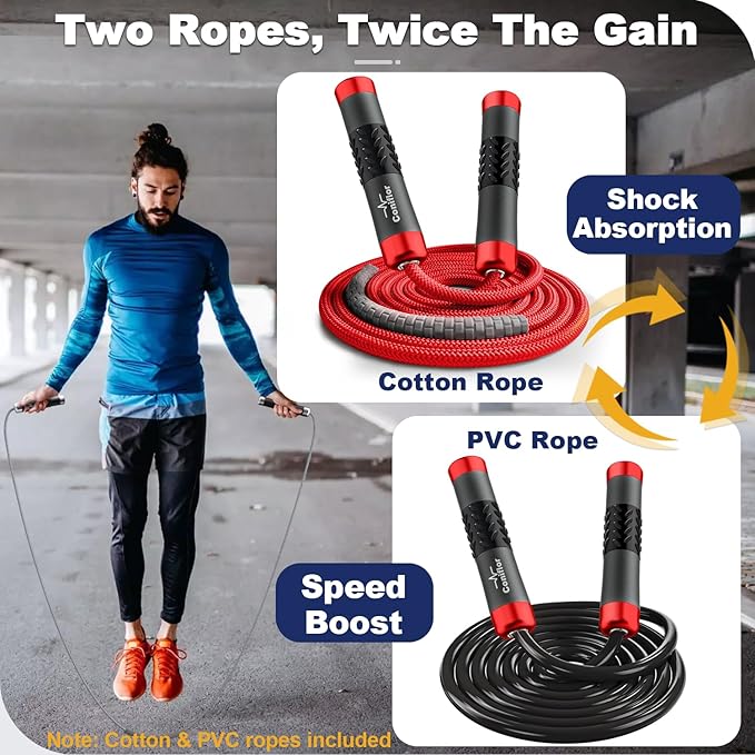 Weighted Jump Rope, 1LB Tangle-Free Ball Bearing Rapid Speed Skipping Rope for Men Women, Adjustable 9mm Cotton & PVC Rope with Alum Handle for Boxing MMA Weight-Loss Athletic Workout Fitness
