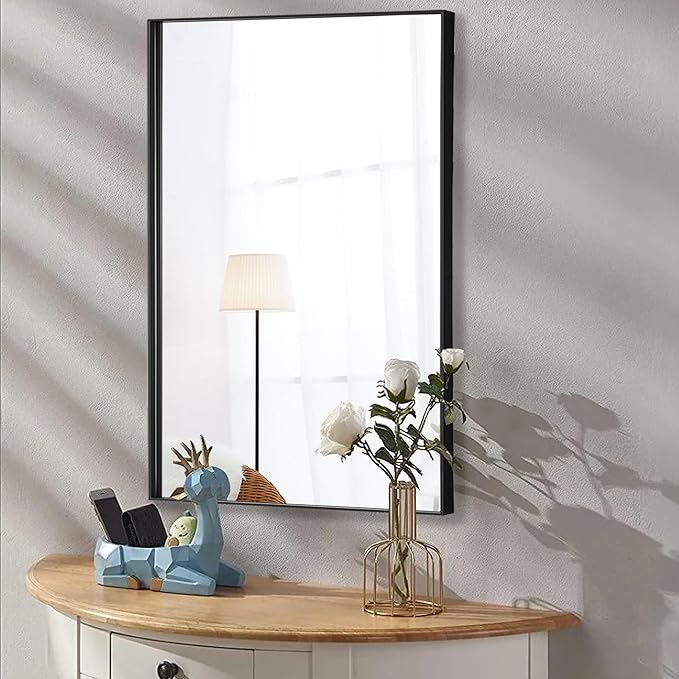 24x40 Inch Black Bathroom Mirror for Wall, Aluminum Frame Rectangle Rectangular Vanity Mirror, Modern Large for Bedroom, Living Room, Horizontal or Vertical