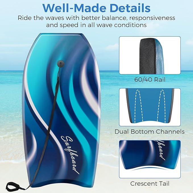 Goplus 41''/37''/33'' Lightweight Body Board for Beach, Surf Board with EPS Core, XPE Deck, HDPE Slick Bottom, Wrist Leash, Bodyboard for Kids Adults Surfing